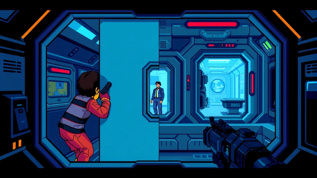 A split-screen showing a player's character hiding behind a wall in a spaceship interior, with another character visible through a doorway in the distance, both rendered in colorful pixel art style