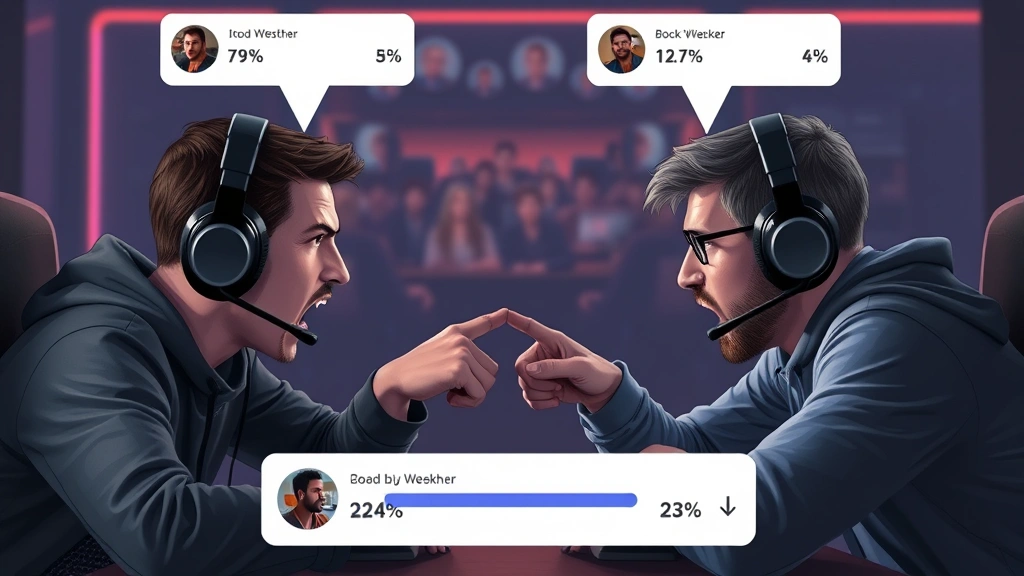 A heated gaming moment with players wearing headsets in a Discord call, pointing fingers at each other accusingly with shocked expressions, digital overlays showing voting percentages floating above