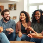 Group of diverse friends laughing together during a lively improv game session in a modern living room, natural candid expressions, warm lighting