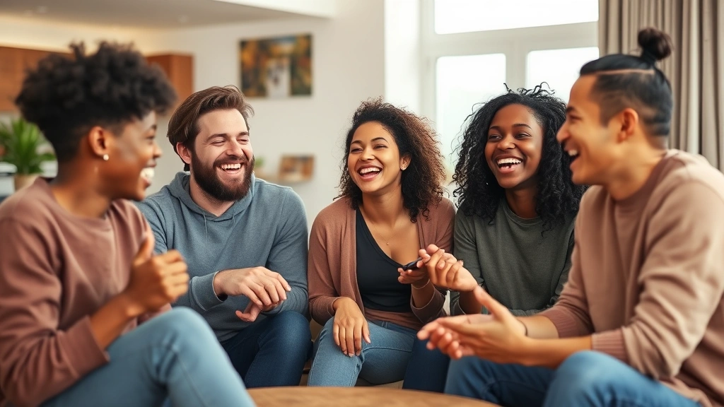 Group of diverse friends laughing together during a lively improv game session in a modern living room, natural candid expressions, warm lighting