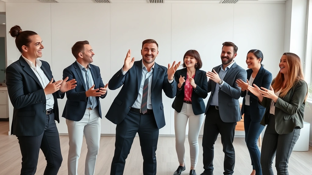 Colleagues in business casual clothing performing a dynamic improv scene with animated gestures and genuine smiles, professional office setting with minimalist decor