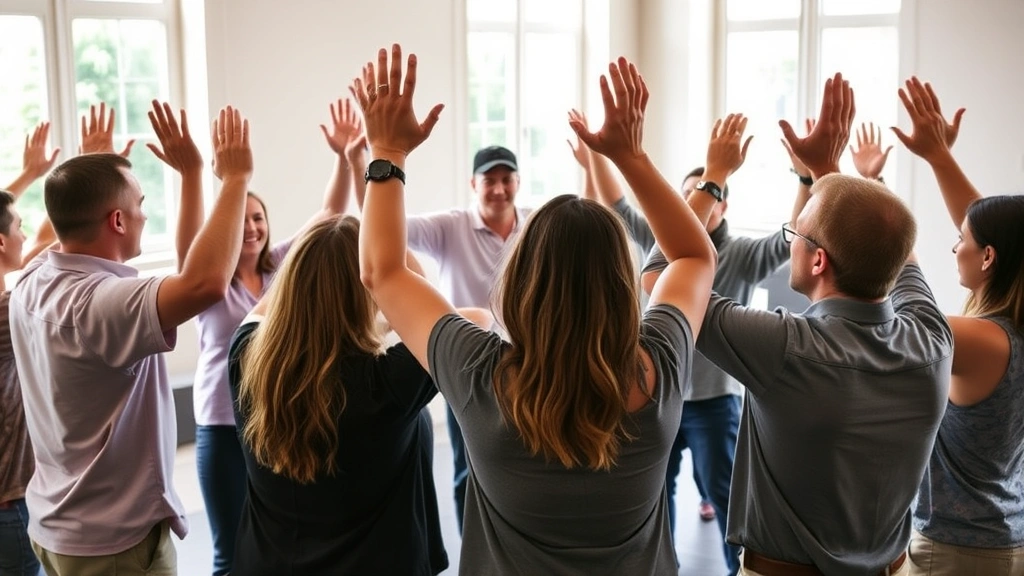 Circle of people with raised hands and engaged expressions participating in an energetic improv game, casual comfortable clothing, vibrant natural daylight from windows