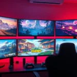 Photorealistic wide-angle view of a gaming setup with multiple monitors displaying vibrant indie game environments, RGB lighting, controllers on desk, gaming chair visible, warm atmospheric lighting, no UI elements or text visible