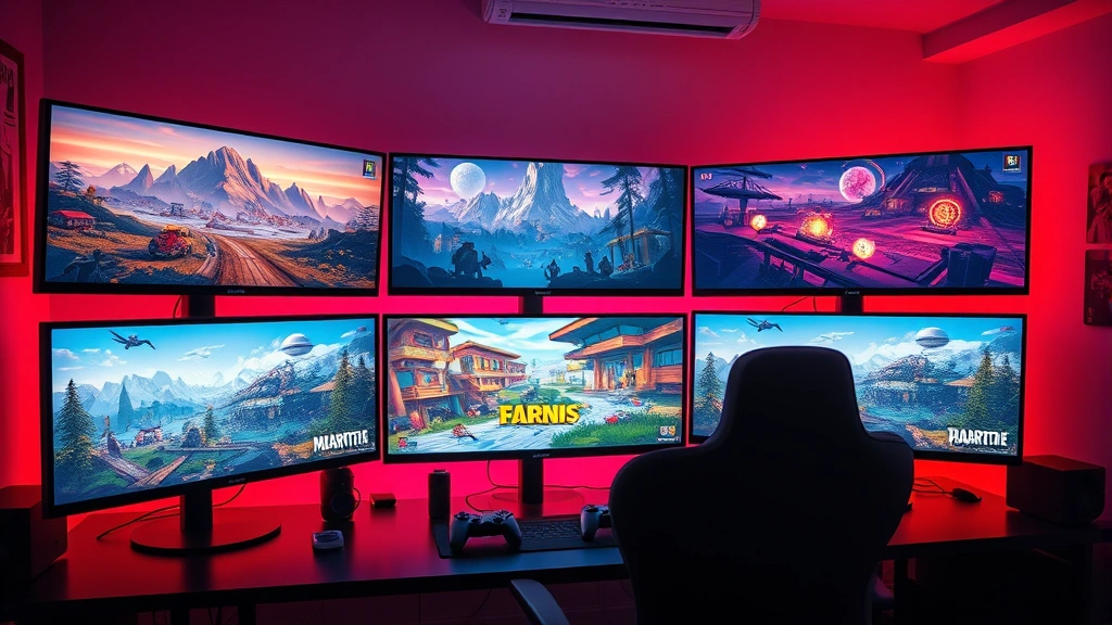 Photorealistic wide-angle view of a gaming setup with multiple monitors displaying vibrant indie game environments, RGB lighting, controllers on desk, gaming chair visible, warm atmospheric lighting, no UI elements or text visible