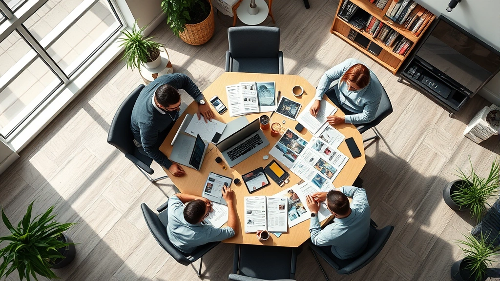 Photorealistic overhead shot of indie game developer team collaborating in modern studio workspace, people gathered around desk with concept art and design documents, creative energy, natural daylight, no visible text on documents