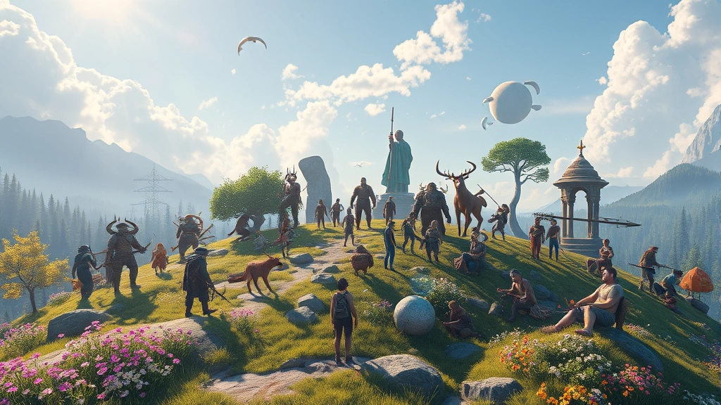 Photorealistic landscape showing diverse indie game characters and visual styles merged together in beautiful natural environment, showcasing artistic variety and creativity of independent gaming, vibrant colors, ethereal atmosphere, no game UI