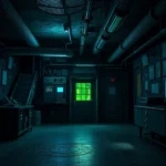 Dark underground facility with mysterious glowing equipment, shadows cast by flickering lights, abandoned research station aesthetic, moody blue and green lighting, photorealistic environment design