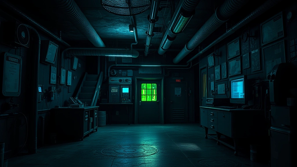 Dark underground facility with mysterious glowing equipment, shadows cast by flickering lights, abandoned research station aesthetic, moody blue and green lighting, photorealistic environment design