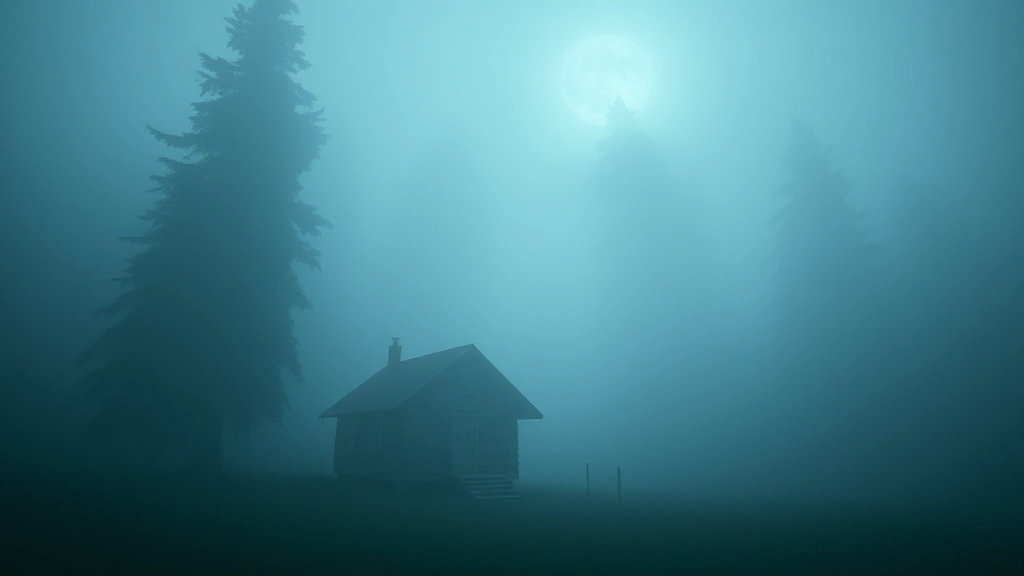 Isolated cabin in thick fog surrounded by dense forest, eerie atmosphere with mist rolling through trees, moonlight barely breaking through clouds, sense of isolation and dread