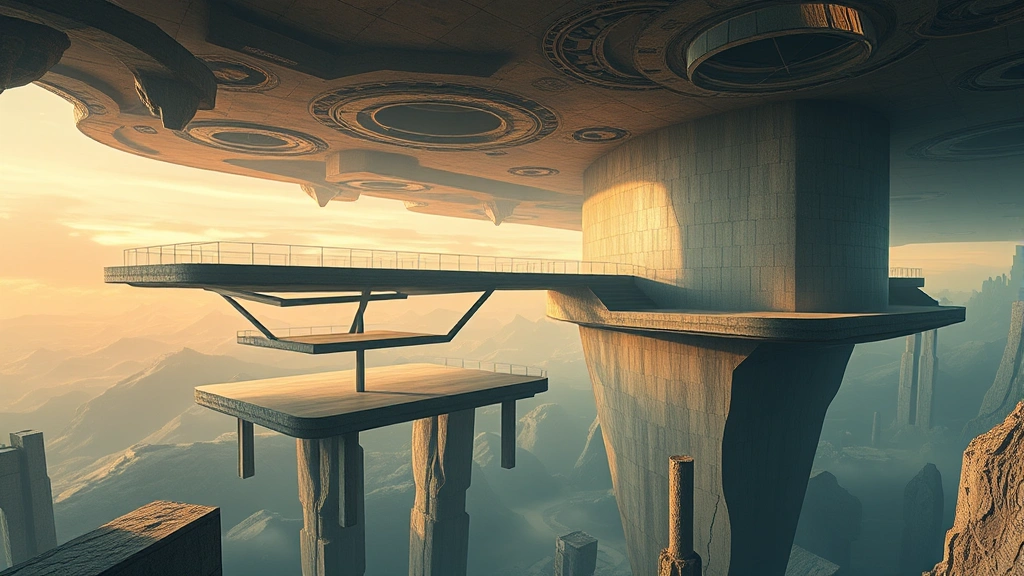 Surreal impossible architecture with floating platforms and distorted geometry, dreamlike quality with strange lighting effects, reality-bending environment, unsettling composition