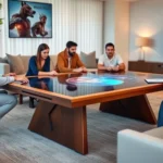 Sleek modern gaming table with embedded 32-inch display, wooden frame in contemporary living room setting, players gathered around touching the interactive surface, warm ambient lighting highlighting the device's premium design and elegant aesthetic
