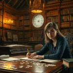 A teenage girl sitting at an ornate wooden desk in a sprawling mansion library, surrounded by puzzle pieces, cryptic notes, and antique books, soft golden lamplight illuminating her focused expression as she solves a mystery
