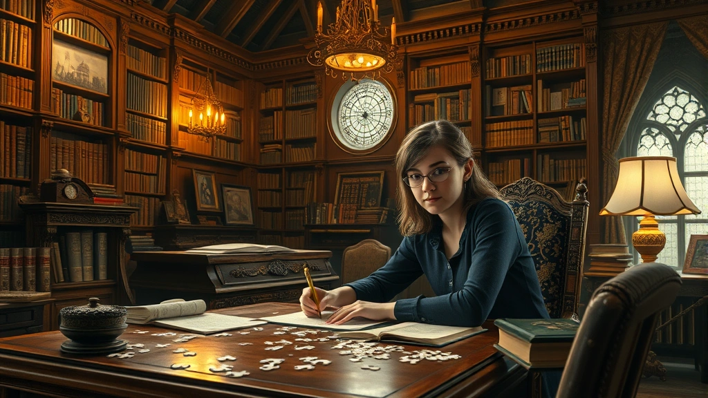 A teenage girl sitting at an ornate wooden desk in a sprawling mansion library, surrounded by puzzle pieces, cryptic notes, and antique books, soft golden lamplight illuminating her focused expression as she solves a mystery