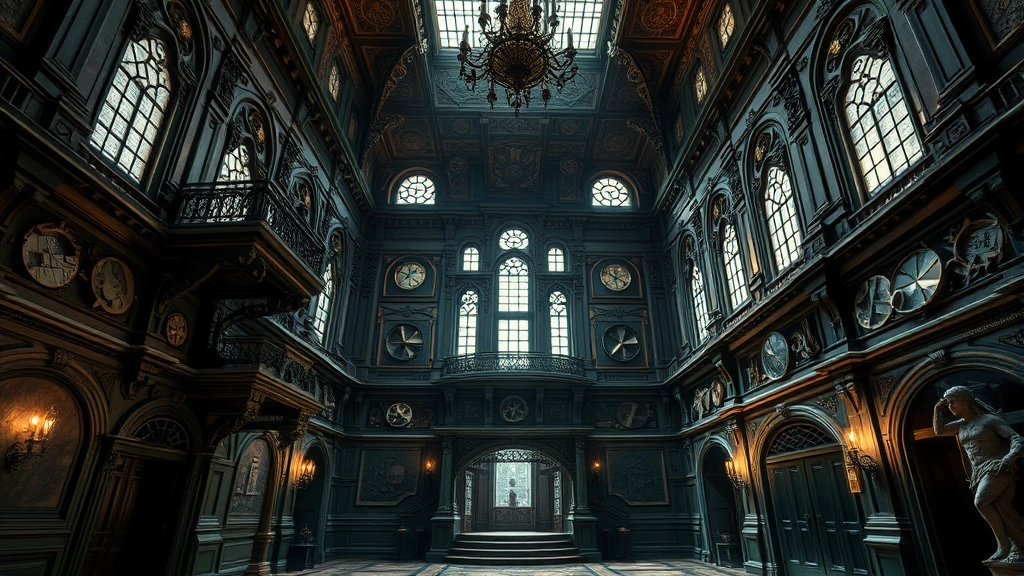 A grand Victorian mansion interior with soaring ceilings, intricate architectural details, hidden passageways, and elaborate puzzle mechanisms visible on walls, dramatic lighting emphasizing the mysterious atmosphere