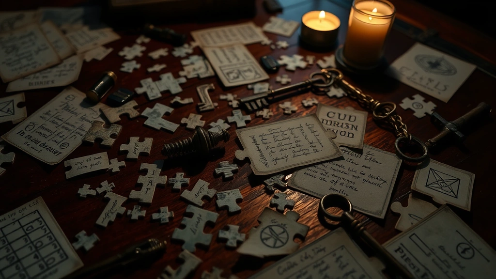 A close-up of scattered puzzle pieces, handwritten clues, ancient keys, and cryptic symbols arranged on a mahogany table, with soft candlelight creating dramatic shadows, representing the mystery-solving core of the series