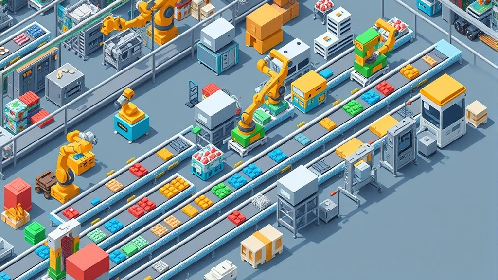 Isometric view of complex factory production line with multiple conveyor belts, robotic arms, and colorful materials being processed through various machines in organized layout