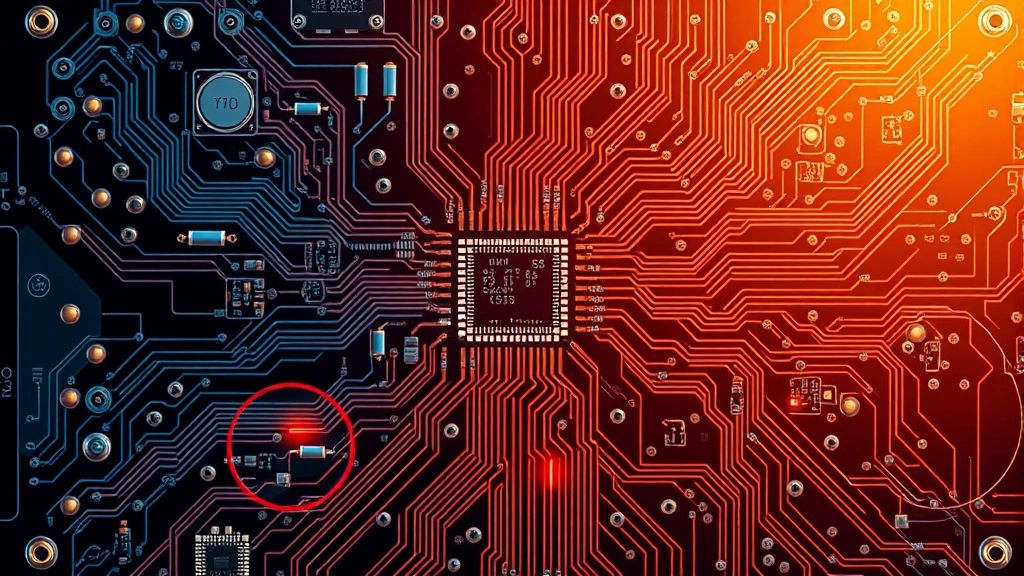 Top-down view of circuit board with interconnected components, microcontrollers, and signal pathways highlighted with vibrant colors, clean technical design with smooth curves and geometric shapes