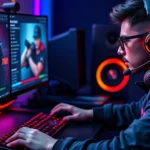 Professional esports player at gaming setup with mechanical keyboard and mouse, focused on monitor showing competitive gameplay, RGB lighting, high-end gaming peripherals, intense concentration, photorealistic