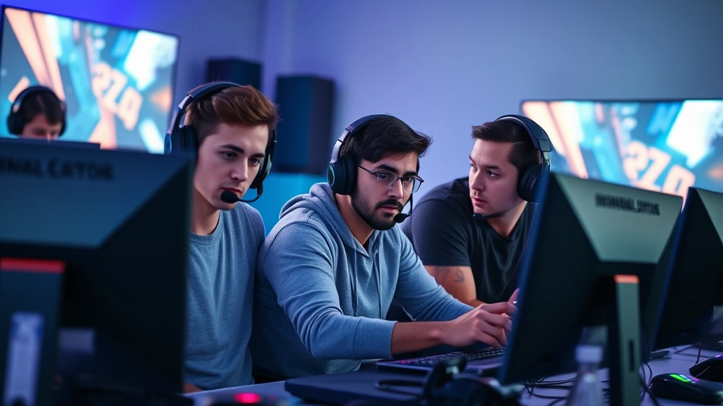 Diverse group of online gamers collaborating in cooperative gameplay session, headsets on, multiple screens visible, teamwork atmosphere, modern gaming room with LED lighting, photorealistic