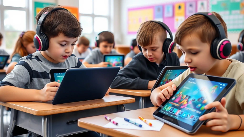 Elementary school students sitting at desks wearing headphones, engaged with tablets showing colorful game interfaces, classroom setting with educational posters on walls, natural lighting from windows, photorealistic