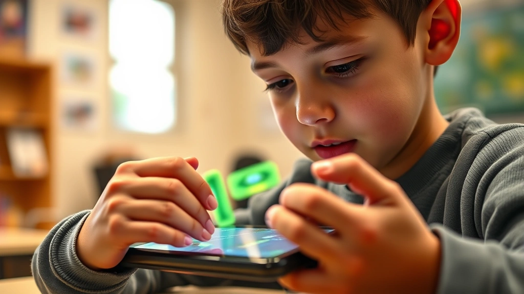 Close-up of a student's hands on a tablet screen showing bright animated gaming graphics with numbers and letters, focused concentration expression, warm classroom lighting, photorealistic