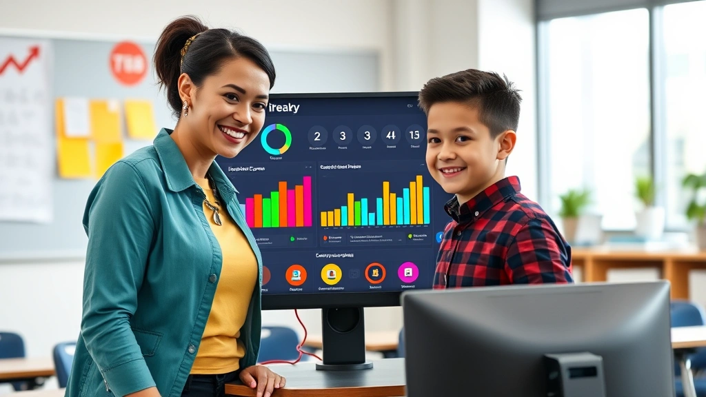Teacher standing beside a student at a computer monitor displaying iReady game progress dashboard with colorful charts and achievement badges, both smiling, modern classroom environment, photorealistic