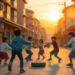 Photorealistic image of traditional Korean children playing street games in an urban neighborhood during sunset, warm golden lighting, authentic cultural atmosphere, no text or UI elements