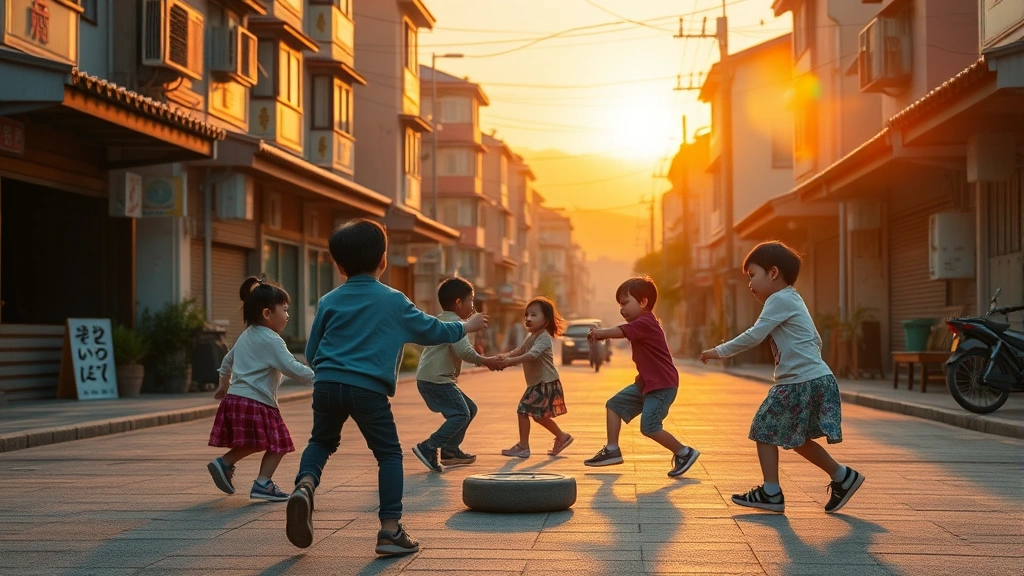 Photorealistic image of traditional Korean children playing street games in an urban neighborhood during sunset, warm golden lighting, authentic cultural atmosphere, no text or UI elements