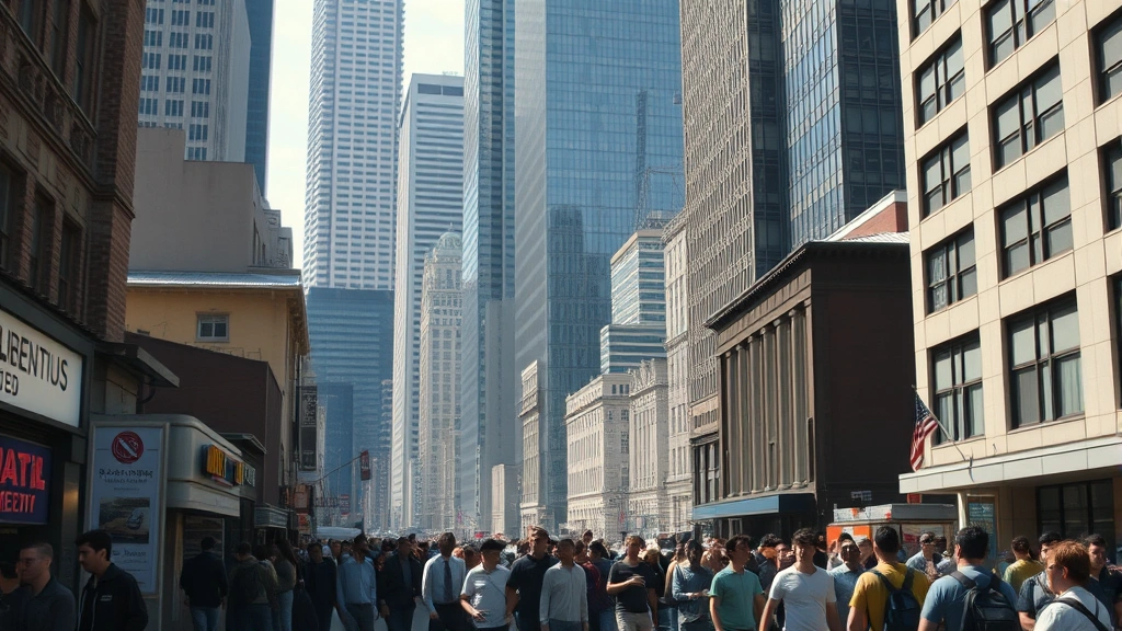 Photorealistic depiction of crowded city streets showing economic inequality - modern skyscrapers contrasting with modest buildings and struggling pedestrians, realistic urban landscape, no signage or text visible