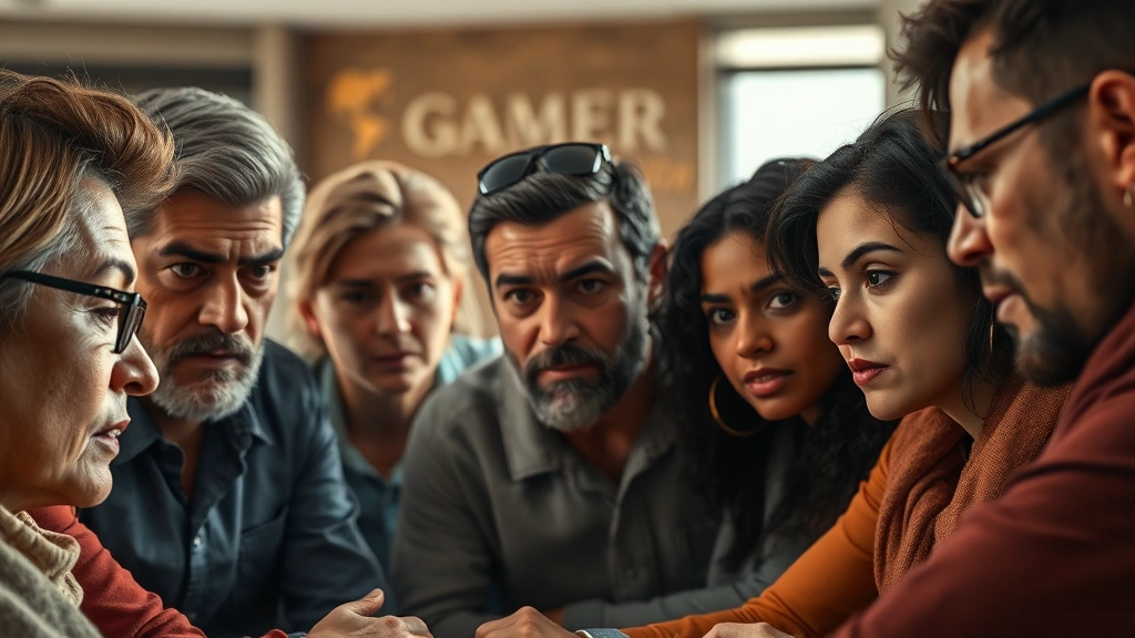 Photorealistic image of diverse group of people in intense discussion or negotiation, showing emotional tension and psychological complexity, close-up human expressions, natural indoor lighting, no visible text or game elements