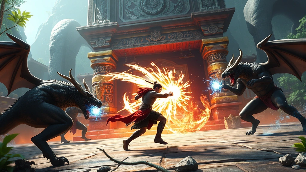 A dynamic action combat scene with a warrior-like character mid-battle against mythological creatures in a lush ancient temple setting, vibrant particle effects from magical abilities, dynamic lighting reflecting off ornate architecture, no game interface or text, intense adventure moment