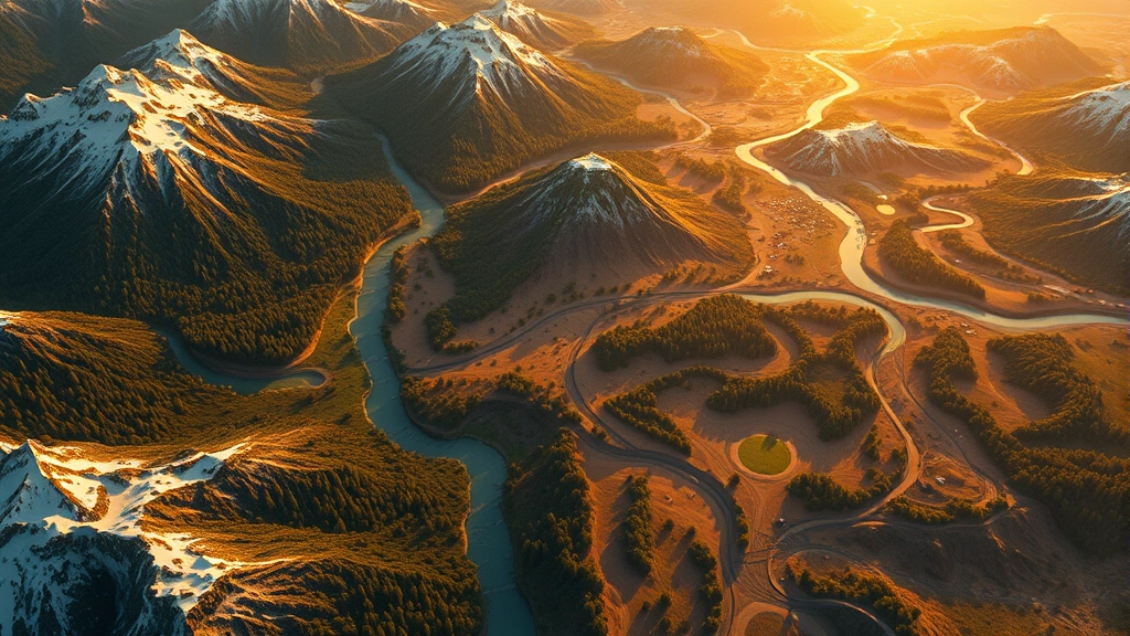 A sweeping aerial view of a richly detailed open world with diverse biomes—lush forests, snowy peaks, desert regions, and glowing magical areas—connected by winding paths and rivers, photorealistic environmental design, golden sunset lighting, no text or markers, sense of adventure and exploration