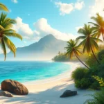 Lush tropical island landscape with palm trees, white sand beach, crystal clear turquoise water, exotic plants and vines, misty mountains in distance, golden sunlight filtering through clouds, vibrant natural colors, paradise setting, no game UI elements, photorealistic rendering