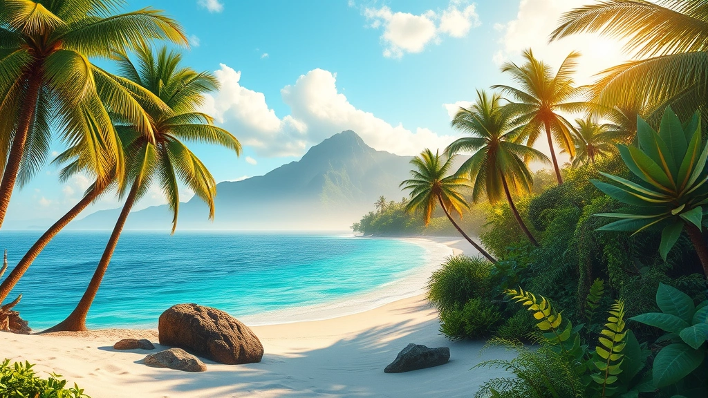 Lush tropical island landscape with palm trees, white sand beach, crystal clear turquoise water, exotic plants and vines, misty mountains in distance, golden sunlight filtering through clouds, vibrant natural colors, paradise setting, no game UI elements, photorealistic rendering