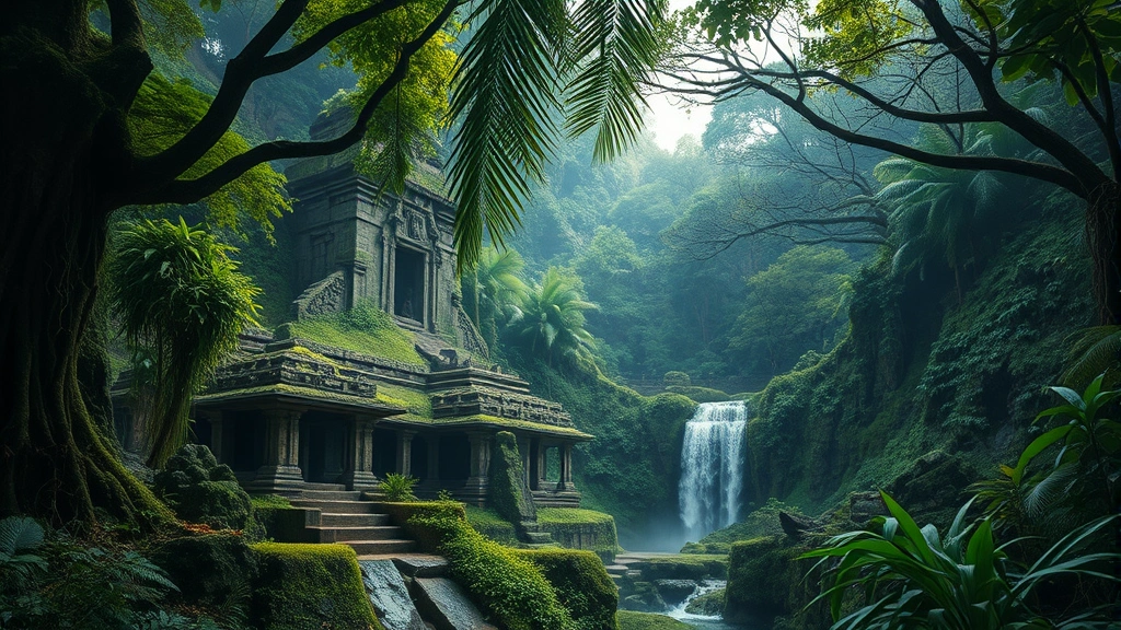 Ancient temple ruins hidden within dense jungle vegetation, stone structures covered in moss and vines, waterfall cascading nearby, tropical forest canopy above, mysterious atmosphere, ancient architecture integrated with nature, dappled sunlight through leaves, no text or UI elements visible, photorealistic quality