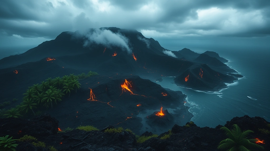 Dramatic volcanic island landscape with dark rocky terrain, glowing lava flows, tropical vegetation at island edges, stormy sky overhead, steam rising from vents, dangerous yet beautiful environment, no game menus or HUD elements, cinematic perspective, photorealistic volcanic island scenery
