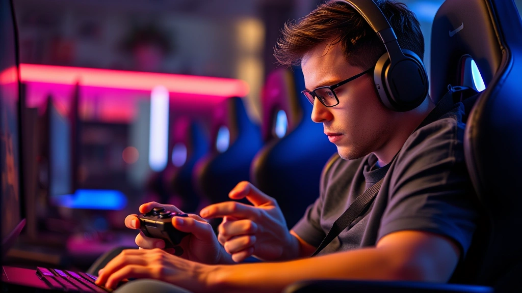 A gamer intensely focused on a controller, sitting in a gaming chair with RGB lighting in the background, warm atmospheric lighting creating immersion and concentration