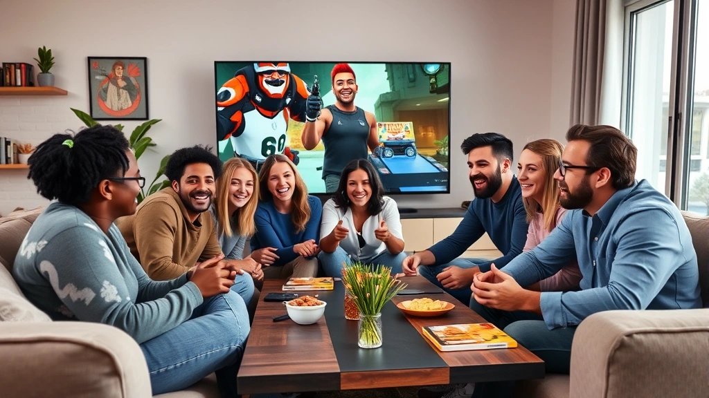 A diverse group of friends laughing together while playing co-op games on a large screen, casual gaming setup with comfortable seating and snacks on a table