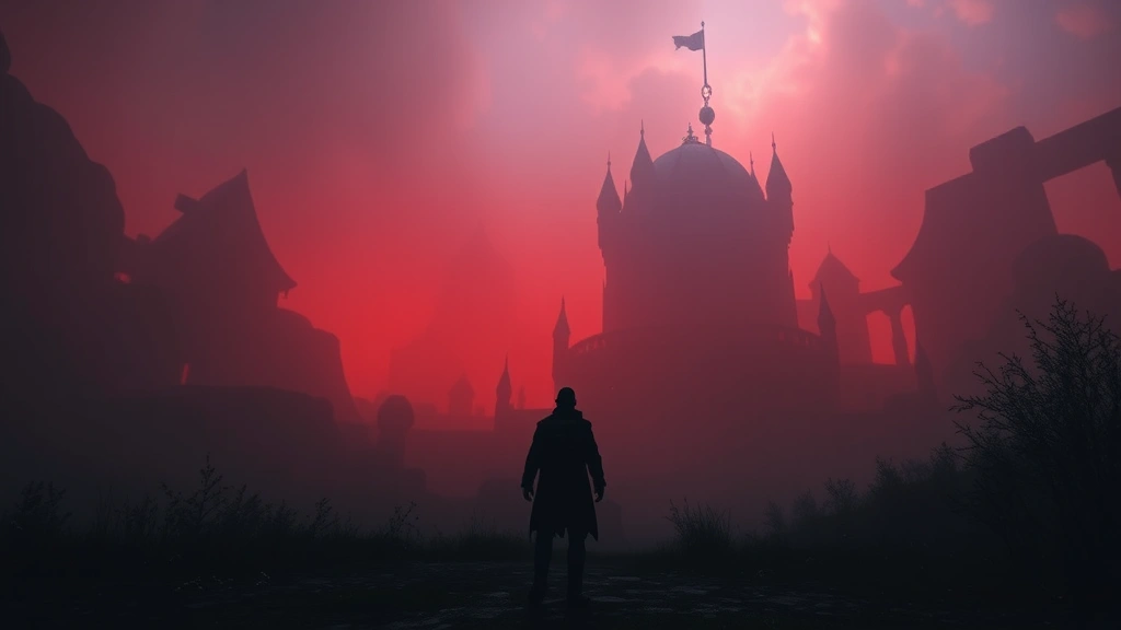 A moody, atmospheric scene showing a character standing in a beautifully detailed game world with dramatic lighting, fog, and mysterious architecture visible in the distance