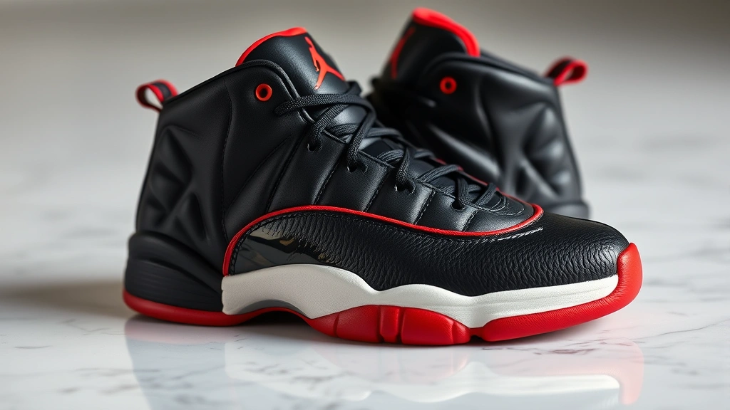 High-quality close-up of black and red Jordan 12 Flu Game sneaker with metallic gold accents, displayed on white marble surface with soft studio lighting highlighting shoe details and premium leather texture