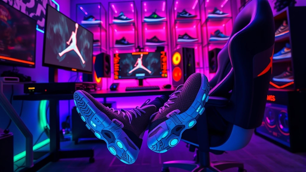 Gamer sitting at high-end gaming setup wearing Jordan 12 Flu Game sneakers with feet visible, surrounded by RGB lighting, gaming peripherals, and sneaker display cases in background