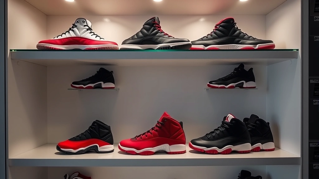 Sneaker collector's shelf displaying multiple Jordan 12 colorways including original Flu Game black-red version, arranged with perfect lighting showing shoe condition and variety, clean minimalist display aesthetic