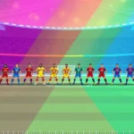 Pixel art football field with colorful retro team players lined up in formation, vibrant stadium background with crowds, 8-bit style graphics, nostalgic gaming aesthetic, photorealistic rendering of retro game visuals