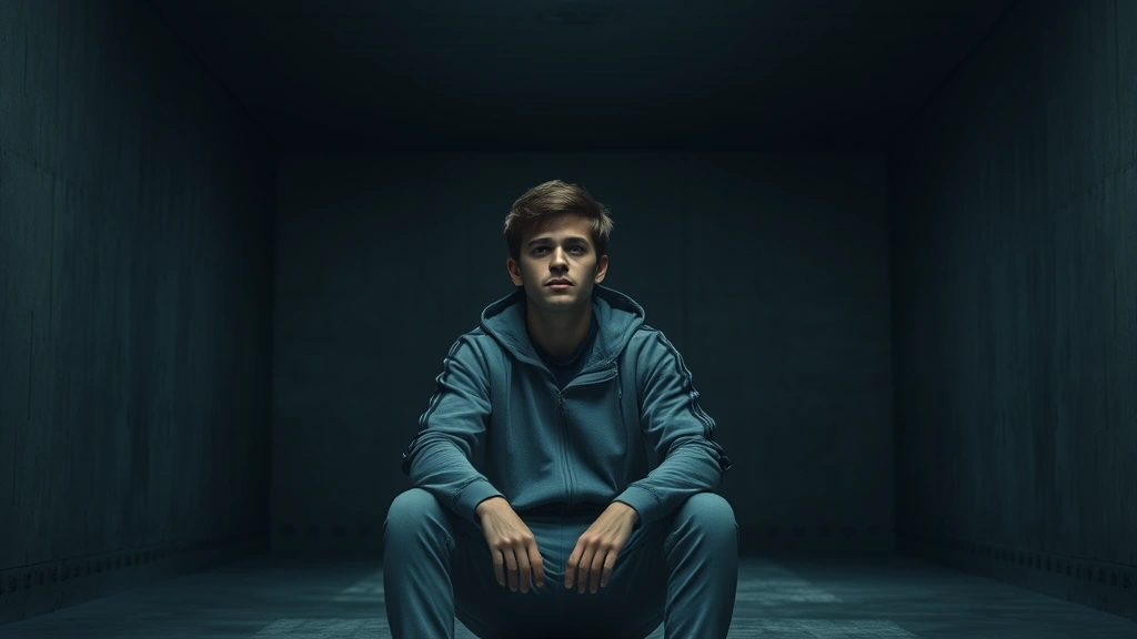 Young man in his twenties sitting alone in dimly lit concrete room, wearing gray tracksuit, contemplative expression, realistic lighting, cinematic atmosphere, no UI elements