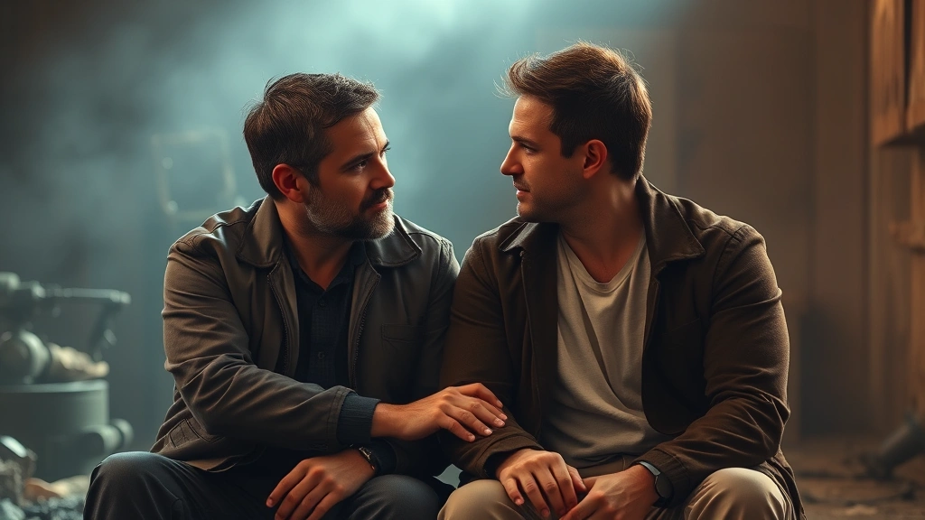 Two men forming genuine human connection in tense environment, sitting together, warm lighting contrasting harsh surroundings, photorealistic detail, emotional moment captured, no text or graphics