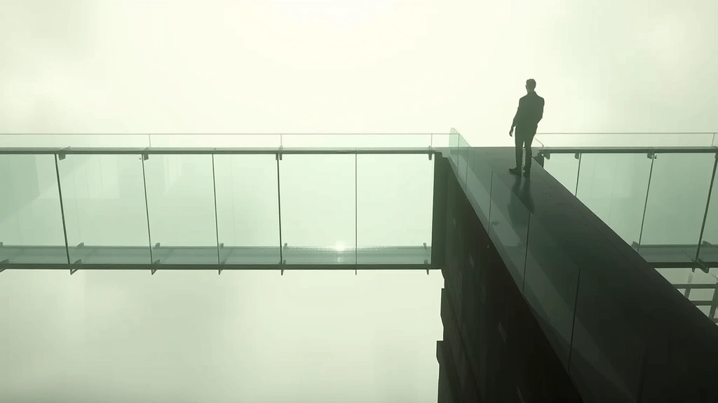 Silhouette of figure standing at edge of glass bridge structure, looking down, dramatic lighting from above, sense of vulnerability and isolation, photorealistic rendering, no game interface