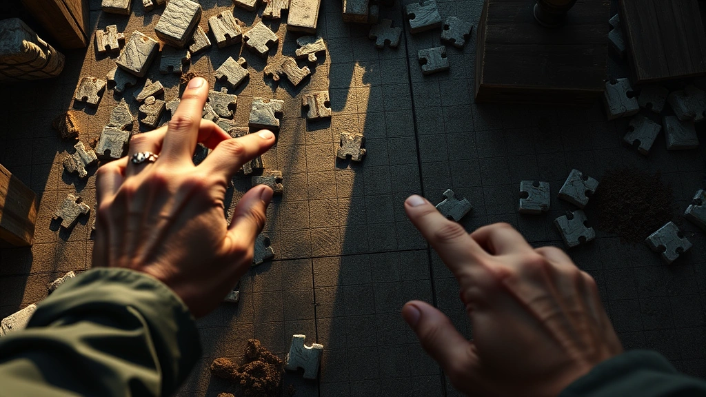Player's hands hovering over puzzle pieces, fingers pointing at grid spaces, thoughtful puzzle-solving moment, natural lighting, focused gameplay atmosphere, gaming environment