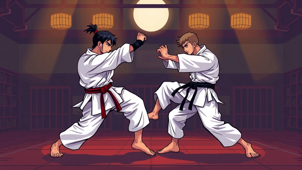 Two pixel art karate fighters in intense combat stance during a tournament match, dynamic action pose with martial arts intensity, dojo background with warm lighting