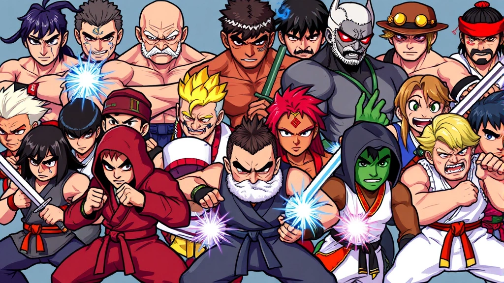 Close-up of diverse pixel art character roster displaying different martial arts fighting styles, each with unique clothing and weapon stances, colorful character designs