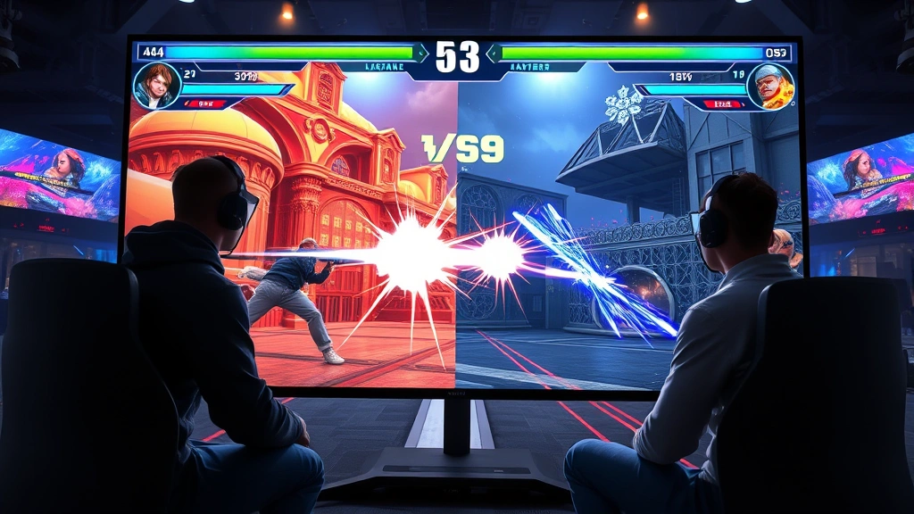 Competitive online multiplayer match in progress showing two players battling on split screen, intense moment with special move effects, esports-style gaming setup visible